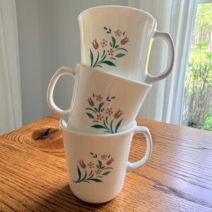 Vintage Corning/Corelle White Rosemarie Mugs with Floral Design - Set of 3- USA